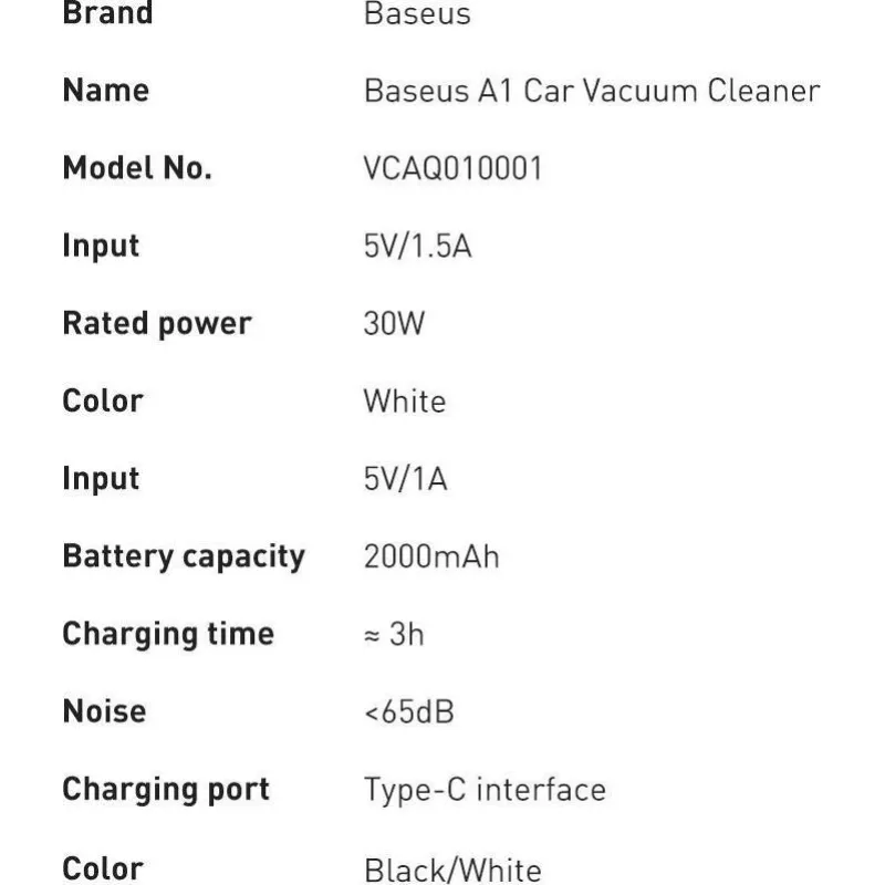 Odkurzacz ręczny Baseus Baseus A1 mini bezprzewodowy odkurzacz samochodowy 4000Pa, 30W czarny (VCAQ0